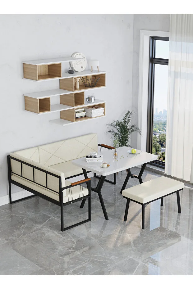 Src 70x110cm Beyaz Masalı, Köşe Takımı, Mutfak, Balkon Köşe Takımı, Mutfak Masası Takımı - Krem